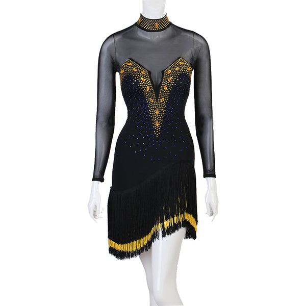 Black latin dance dress with gold crystal panel under a sheer yoke and banded fringe