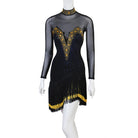 Black latin dance dress angled view showing the mesh sleeves and crystal panel