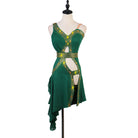 Green latin dance dress with studded straps banding the cutout waist
