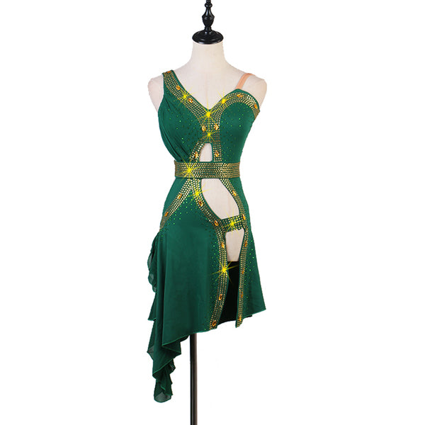 Green latin dance dress with studded straps banding the cutout waist