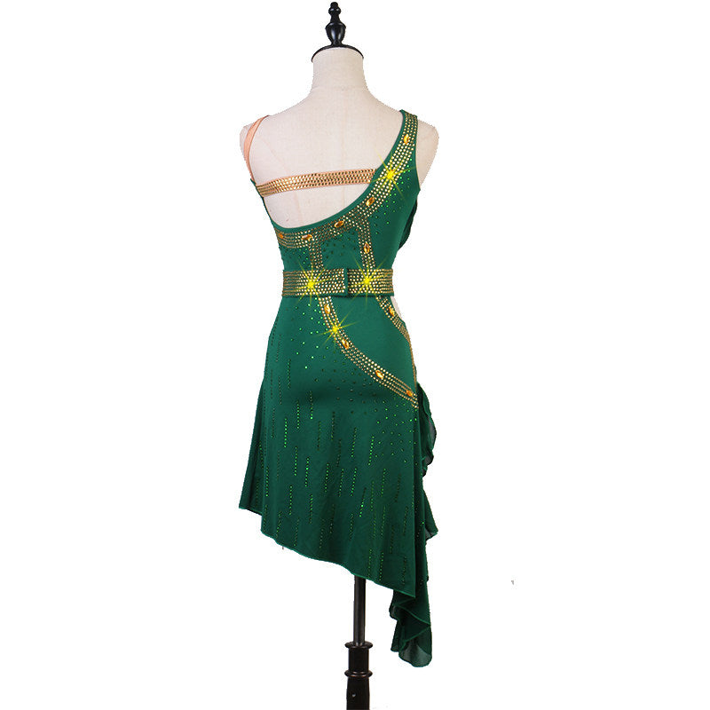 Green studded strap latin dance dress rear view showing the open back bands