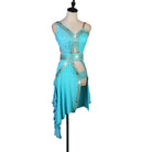 Turquoise latin dance dress with studded straps and long pointed hem