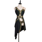 Black latin dance dress with gold studded straps across the cutout waist