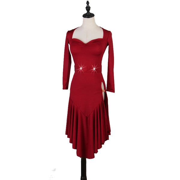 Red latin dance dress with sweetheart neckline and handkerchief hem