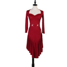 Red latin dance dress angled view showing the front slit in the hem
