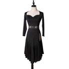 Black latin dance dress with sweetheart neckline and long sleeves
