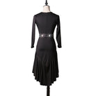 Black latin dance dress front view with the uneven pointed hem