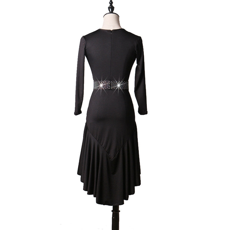 Black latin dance dress front view with the uneven pointed hem