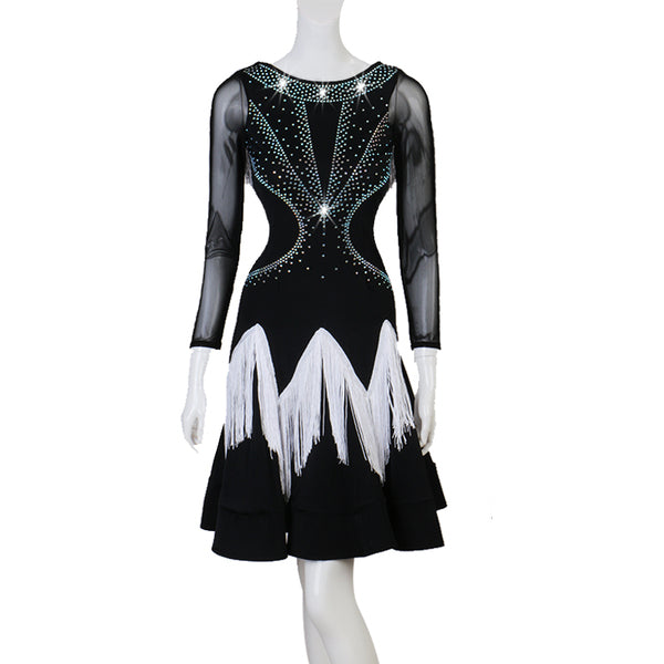 Black latin dance dress with crystal web bodice and white zigzag fringe hem
