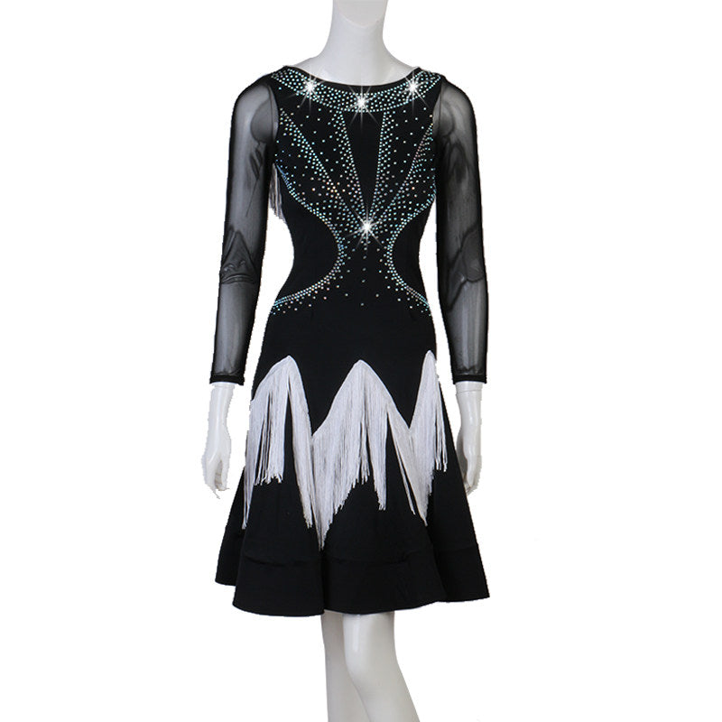 Black crystal web latin dance dress rear view showing the stoned V back