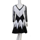 Black crystal web latin dance dress front view with the white fringe teeth
