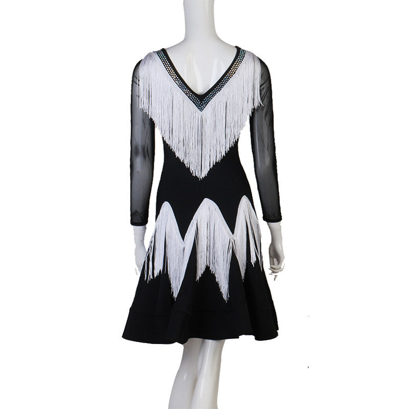 Black crystal web latin dance dress front view with the white fringe teeth