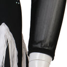 Close view of the mesh sleeve against the white fringe hem