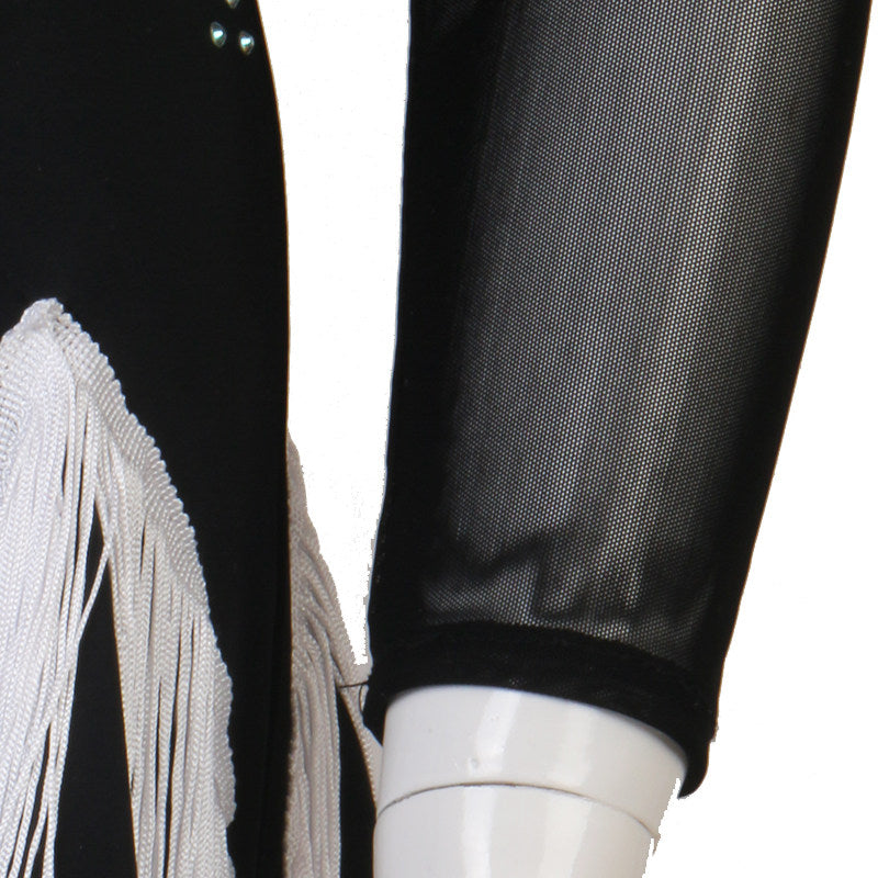 Close view of the mesh sleeve against the white fringe hem