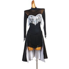 Black latin dance dress with silver sequin fringe yoke and wrap over skirt