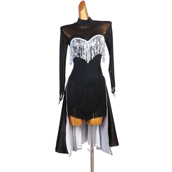 Black latin dance dress with silver sequin fringe yoke and wrap over skirt