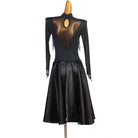 Black sequin fringe yoke latin dance dress angled view with the keyhole neck