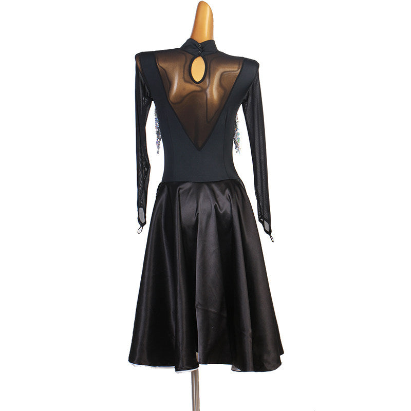 Black sequin fringe yoke latin dance dress angled view with the keyhole neck