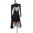 Black sequin fringe yoke latin dance dress showing the wrap skirt split