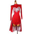 Red latin dance dress with silver sequin fringe yoke and wrap skirt