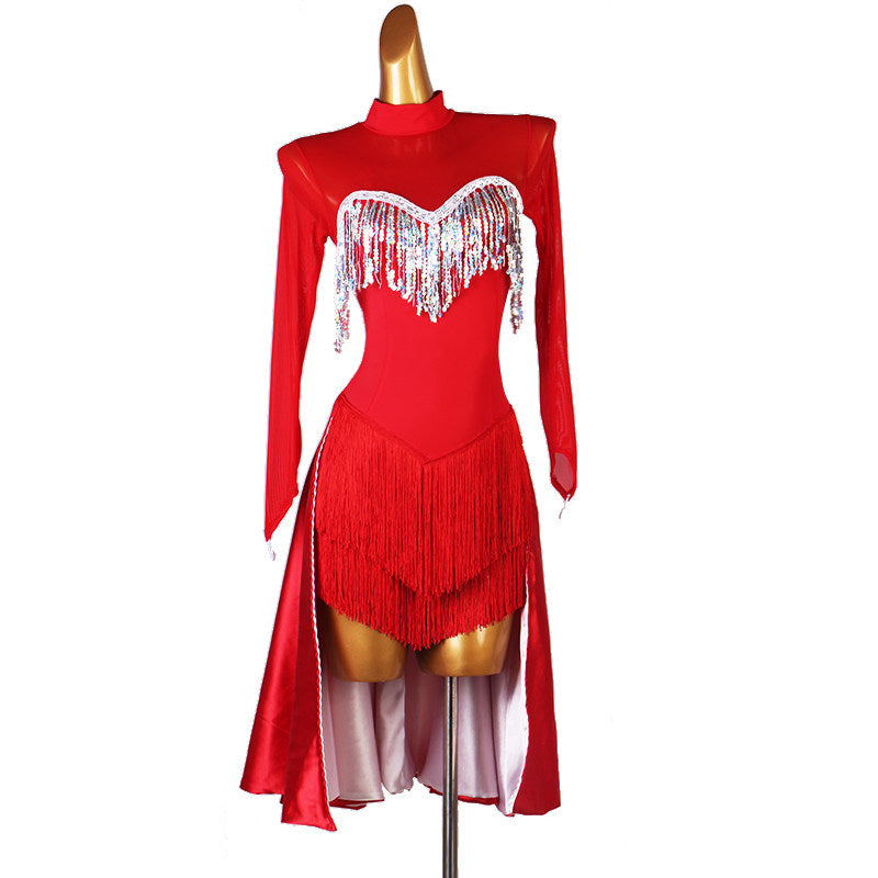 Red latin dance dress with silver sequin fringe yoke and wrap skirt