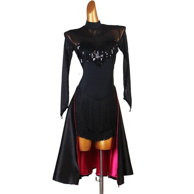 Black latin dance dress rear view showing the sequin yoke and skirt layers