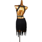 Black gold bead latin dance dress rear view showing the open back