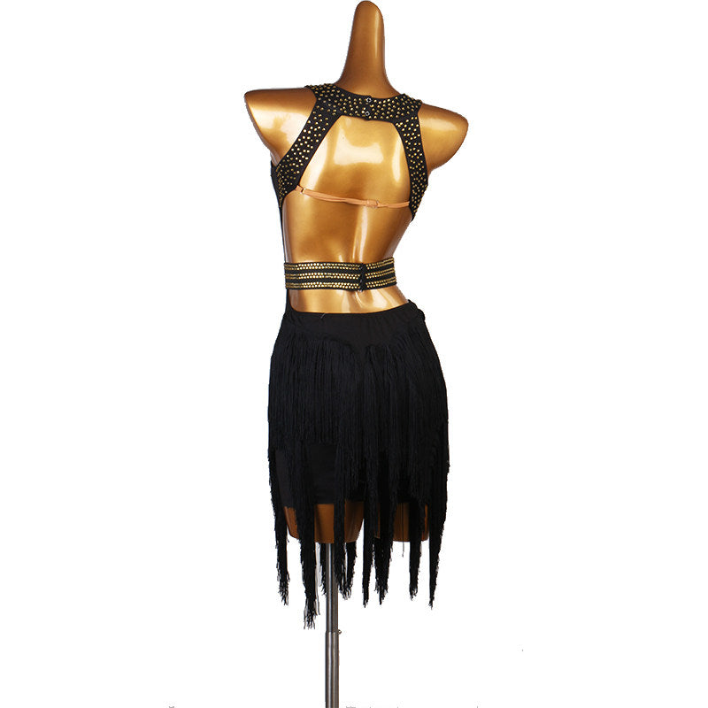 Black gold bead latin dance dress rear view showing the open back