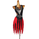 Black and red latin dance dress with gold bead fringe and ragged strip hem