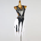 Black and white latin dance dress with gold bead fringe and studded belt