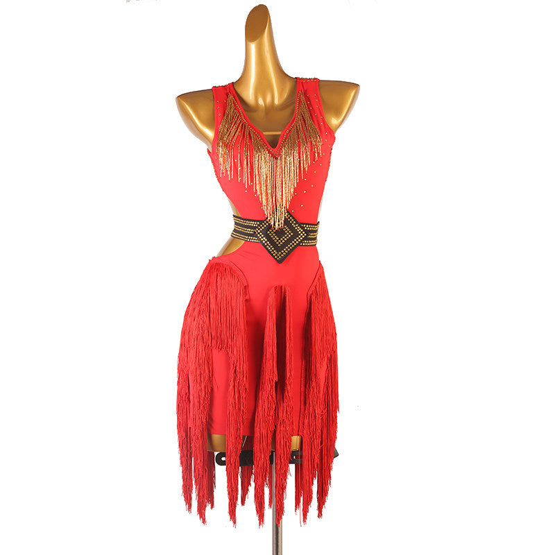 Red latin dance dress with gold bead fringe V and ragged hem strips