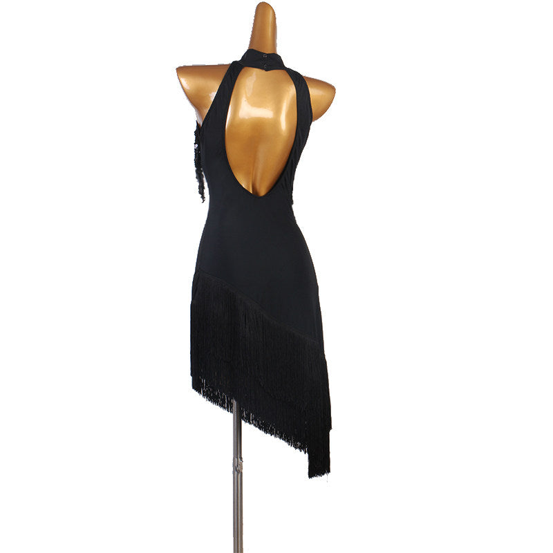Black sequin fringe latin dance dress rear view showing the open back