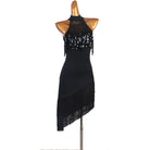 Black sequin fringe latin dance dress angled view with the diagonal hem