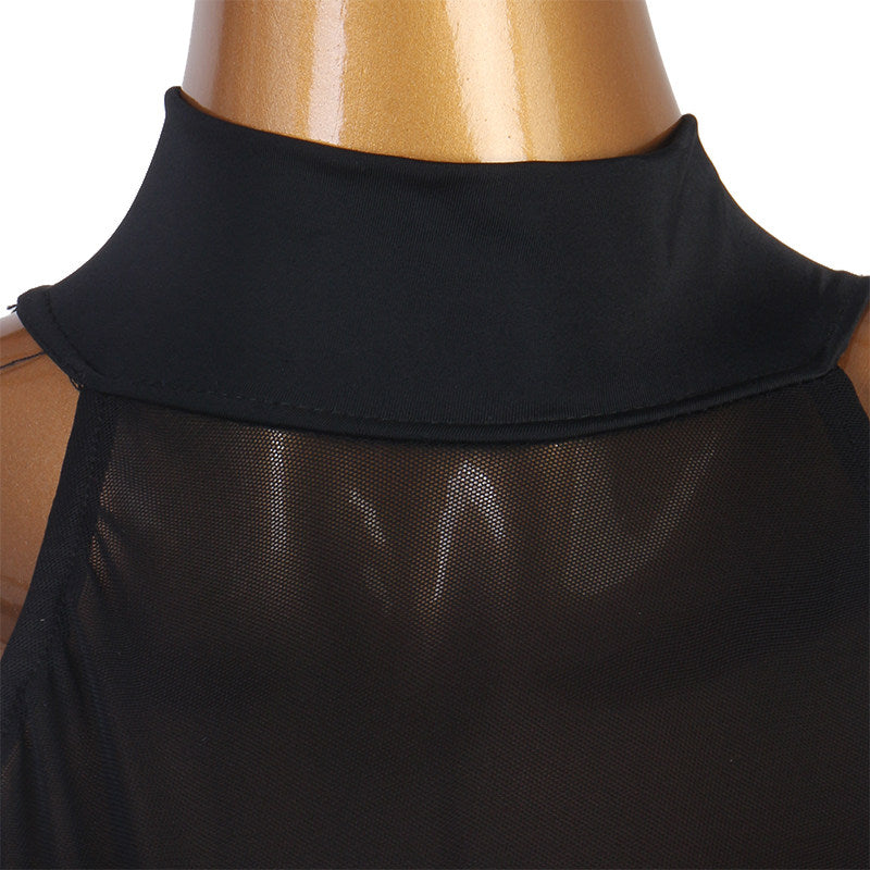 Close view of the sheer mesh collar and yoke seam