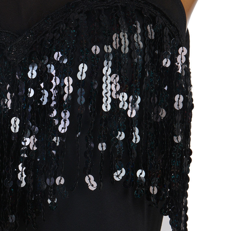 Close view of the black sequin fringe strands