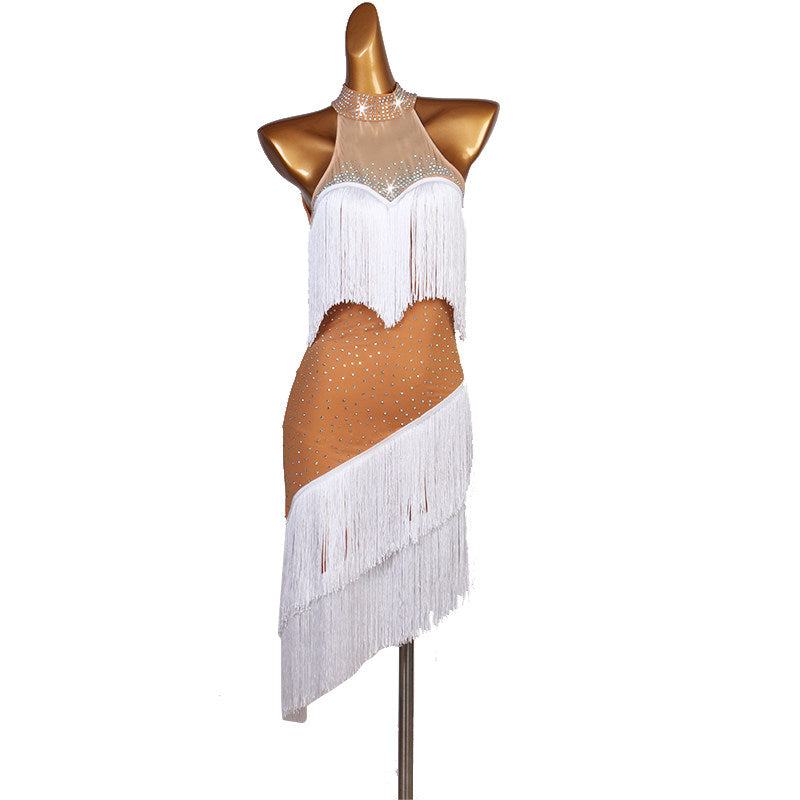 Blue and white latin dance dress side view with the fringe layers