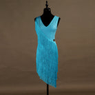 Turquoise spiral fringe latin dance dress angled view with the V neckline