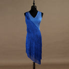 Blue latin dance dress with spiral wound tassel fringe and V neck