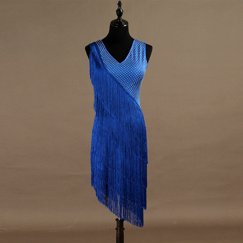 Blue latin dance dress with spiral wound tassel fringe and V neck