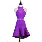 Purple latin dance dress with sheer mesh halter neck and studded waist belt