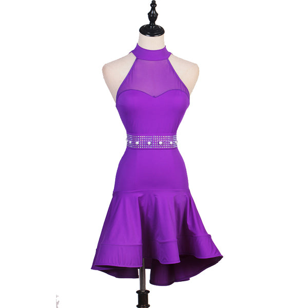 Purple latin dance dress with sheer mesh halter neck and studded waist belt