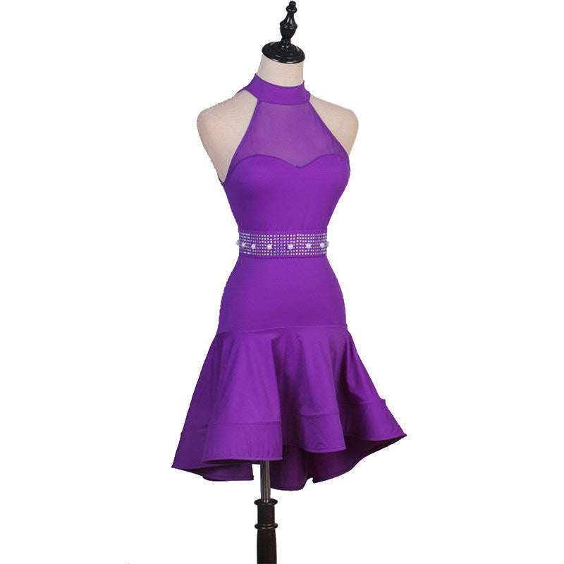 Purple mesh halter latin dance dress angled view with the fishtail hem