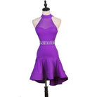 Purple mesh halter latin dance dress side view showing the flared hem