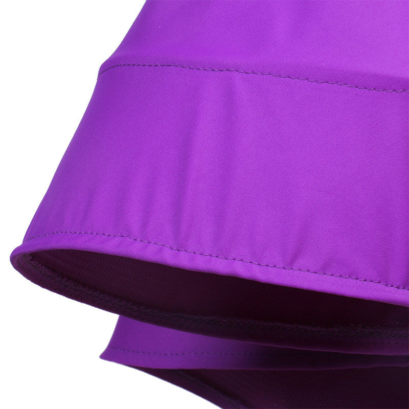 Close view of the purple fishtail hem layers