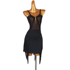 Black latin dance dress with sheer mesh centre panel and ragged fringe hem
