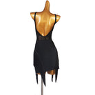 Black mesh panel latin dance dress angled view showing the fringe strips