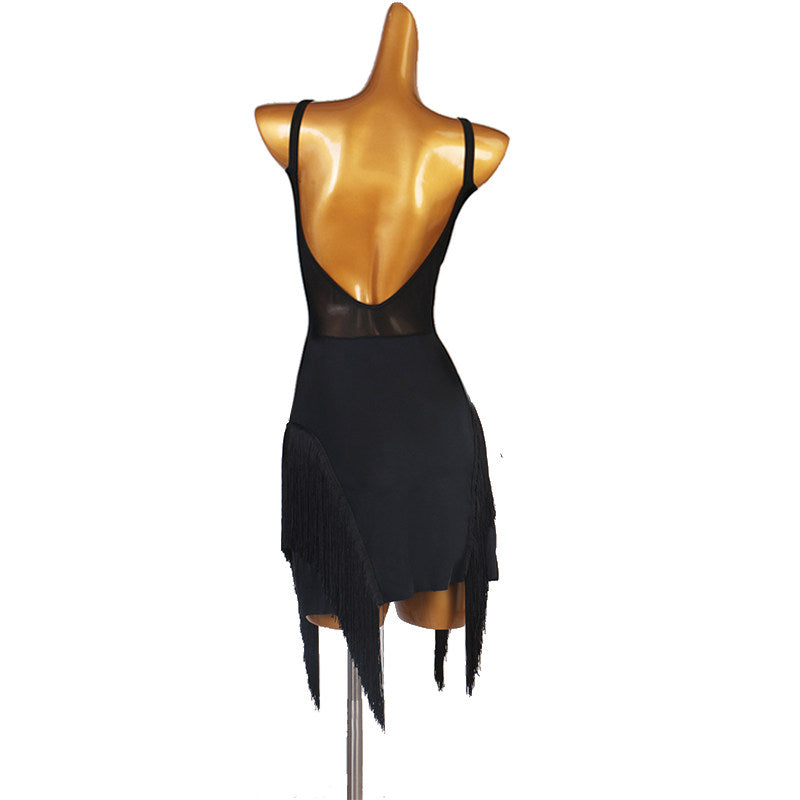 Black mesh panel latin dance dress angled view showing the fringe strips
