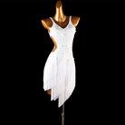 White latin dance dress with scattered stones, side cutouts and layered fringe
