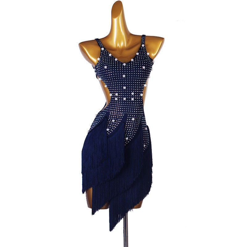 Navy latin dance dress with scattered stones and layered tassel fringe