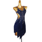 Navy stone scatter latin dance dress angled view with the fringe layers